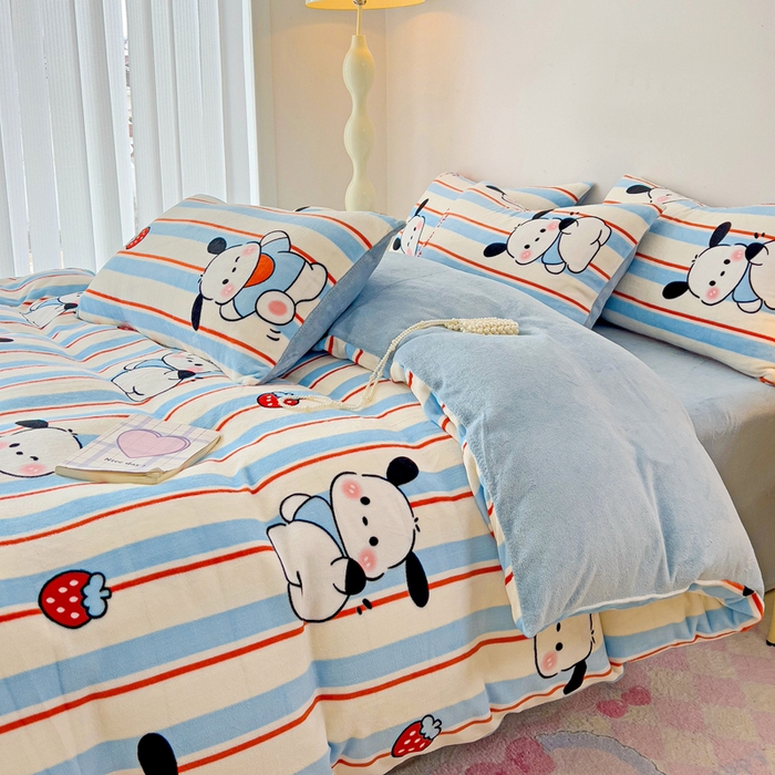 91家纺网 家纺一手货源 找家纺 麦瑞家纺 2025新款印花牛奶绒四件套跑量款 叮当狗