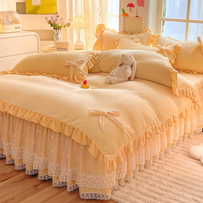 91家纺网 家纺一手货源 找家纺 （总）后庭寝室 2025新款牛奶绒花边床裙四件套-浪漫花语系列