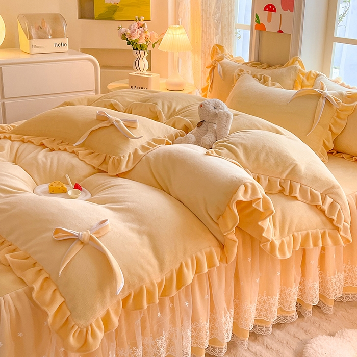 91家纺网 家纺一手货源 找家纺 （总）后庭寝室 2025新款牛奶绒花边床裙四件套-浪漫花语系列