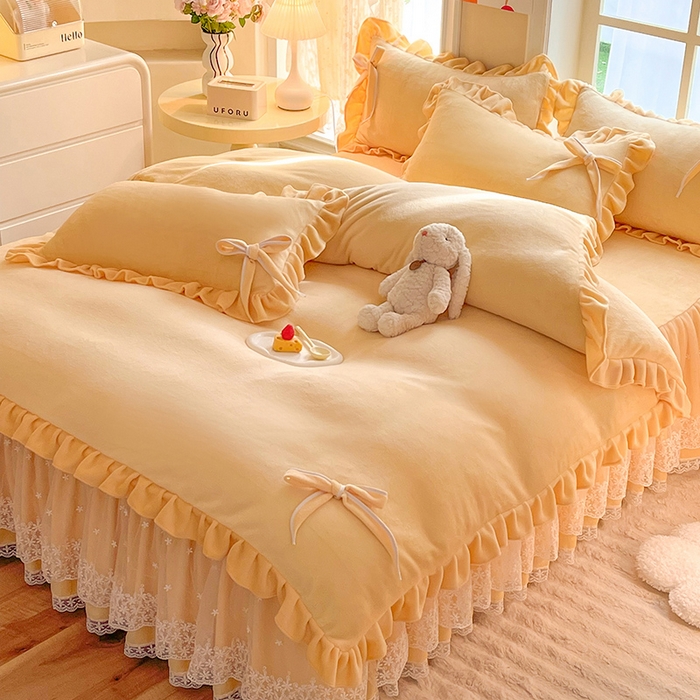 91家纺网 家纺一手货源 找家纺 （总）后庭寝室 2025新款牛奶绒花边床裙四件套-浪漫花语系列