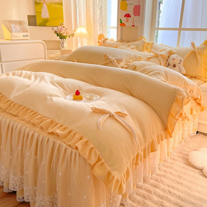 91家纺网 家纺一手货源 找家纺 （总）后庭寝室 2025新款牛奶绒花边床裙四件套-浪漫花语系列