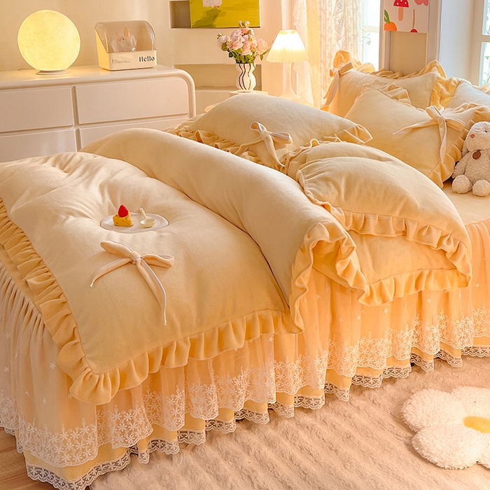 91家纺网 家纺一手货源 找家纺 （总）后庭寝室 2025新款牛奶绒花边床裙四件套-浪漫花语系列