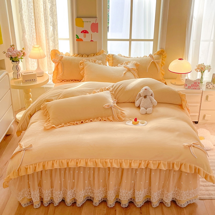 91家纺网 家纺一手货源 找家纺 （总）后庭寝室 2025新款牛奶绒花边床裙四件套-浪漫花语系列