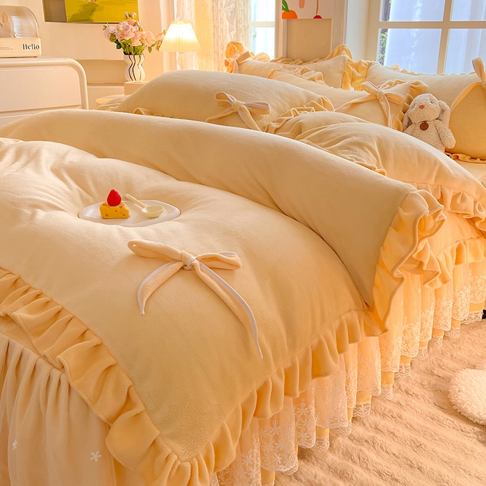 91家纺网 家纺一手货源 找家纺 （总）后庭寝室 2025新款牛奶绒花边床裙四件套-浪漫花语系列