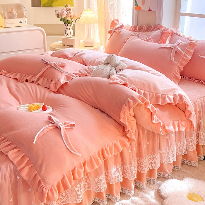 后庭寝室 2025新款牛奶绒花边床裙四件套-浪漫花语系列 浪漫花语-公主玉