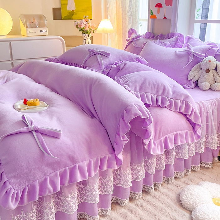 后庭寝室 2025新款牛奶绒花边床裙四件套-浪漫花语系列 浪漫花语-梦幻紫