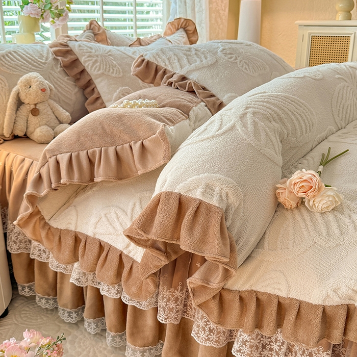 后庭寝室 2025新款牛奶绒床裙四件套-蝶舞翩翩系列 蝶舞翩翩-奶白咖