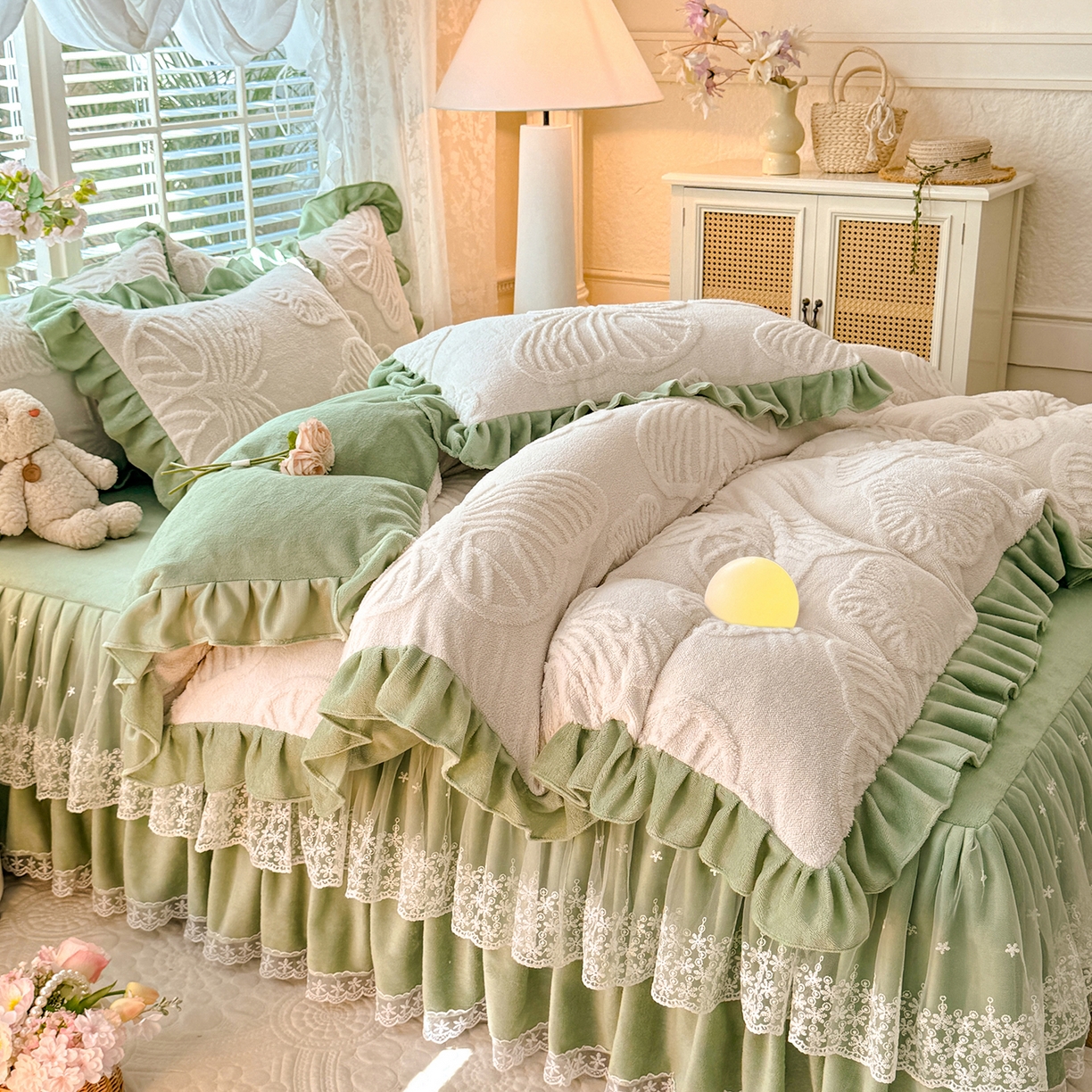 91家纺网 家纺一手货源 找家纺 后庭寝室 2025新款牛奶绒床裙四件套-蝶舞翩翩系列 蝶舞翩翩-奶白绿