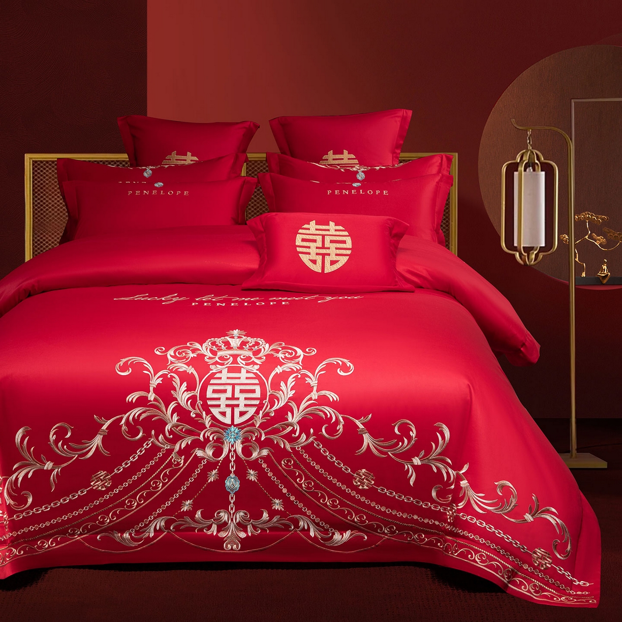 91家纺网 家纺一手货源 找家纺 欧乐蒂 2025新款中式高端刺绣婚庆四件套 布拉格