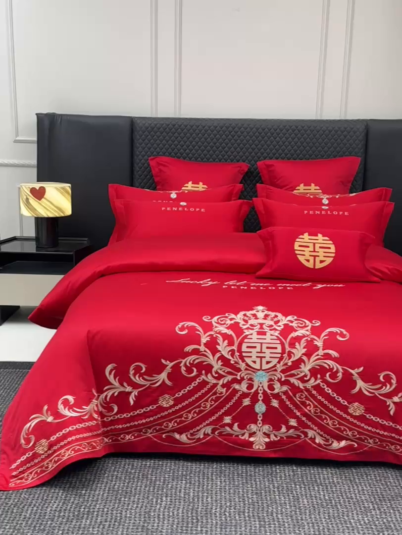 91家纺网 家纺一手货源 找家纺 欧乐蒂 2025新款中式高端刺绣婚庆四件套 布拉格