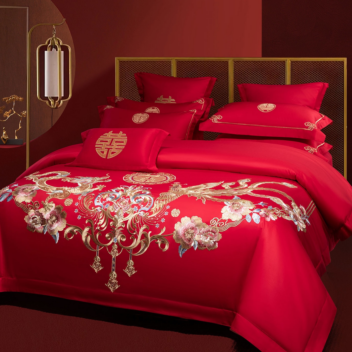 91家纺网 家纺一手货源 找家纺 欧乐蒂 2025新款中式高端刺绣婚庆四件套 金龙瑞凤