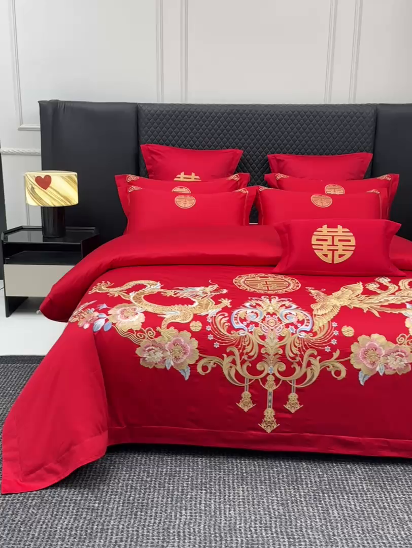 91家纺网 家纺一手货源 找家纺 欧乐蒂 2025新款中式高端刺绣婚庆四件套 金龙瑞凤