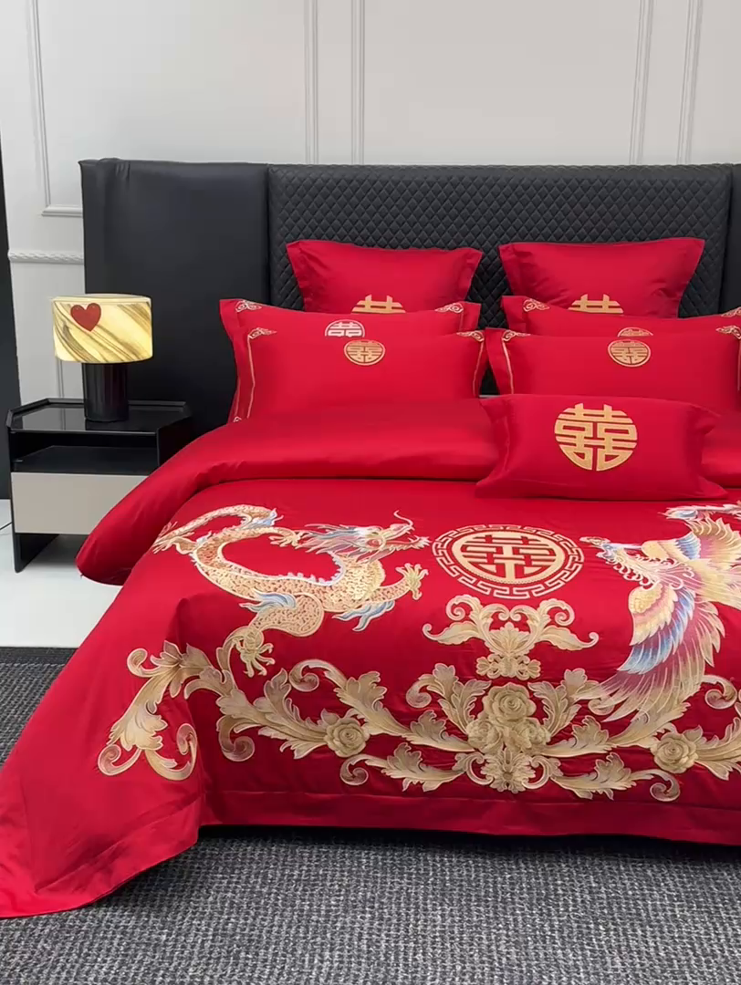 91家纺网 家纺一手货源 找家纺 欧乐蒂 2025新款中式高端刺绣婚庆四件套 锦绣龙凤