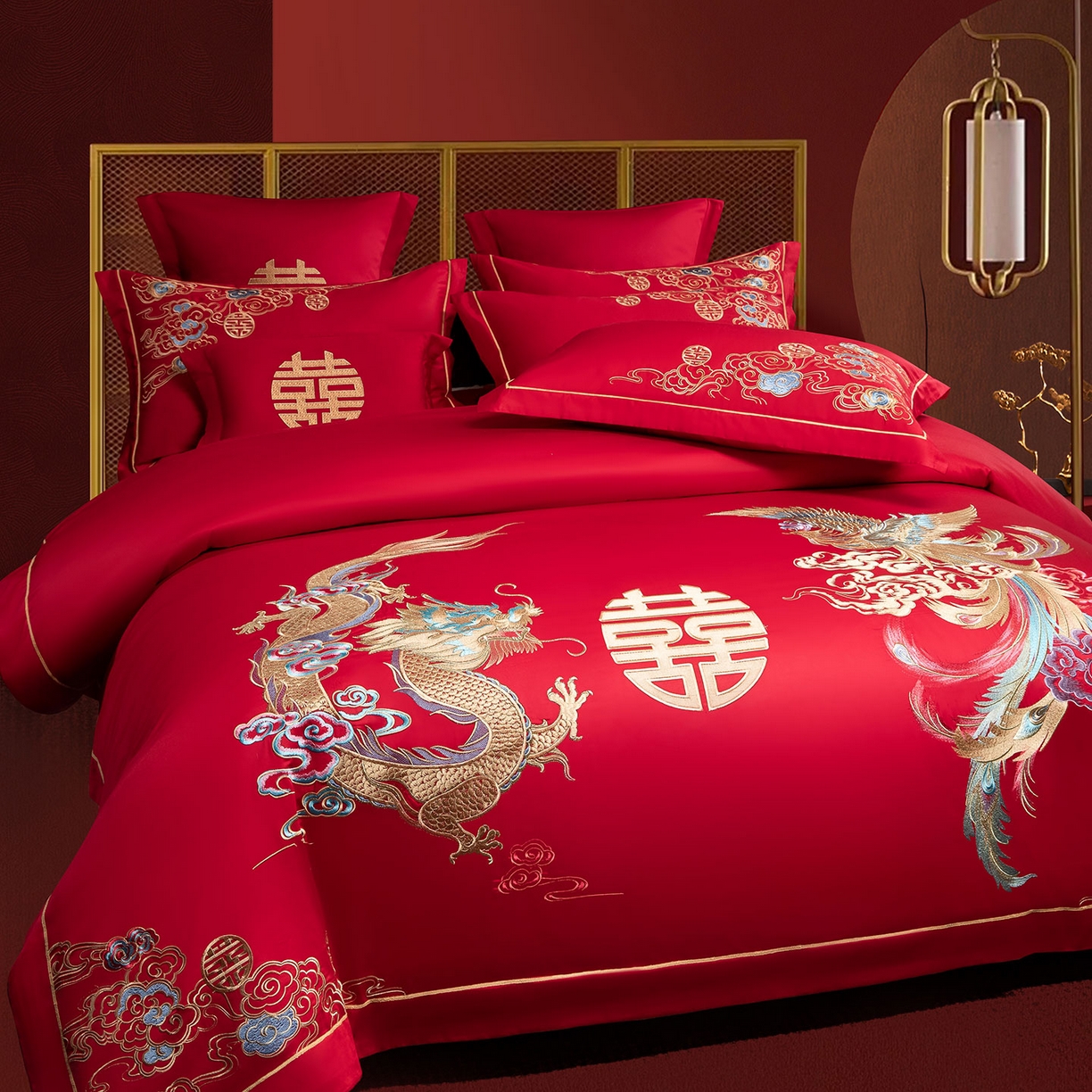 91家纺网 家纺一手货源 找家纺 欧乐蒂 2025新款中式高端刺绣婚庆四件套 龙凤缠绵