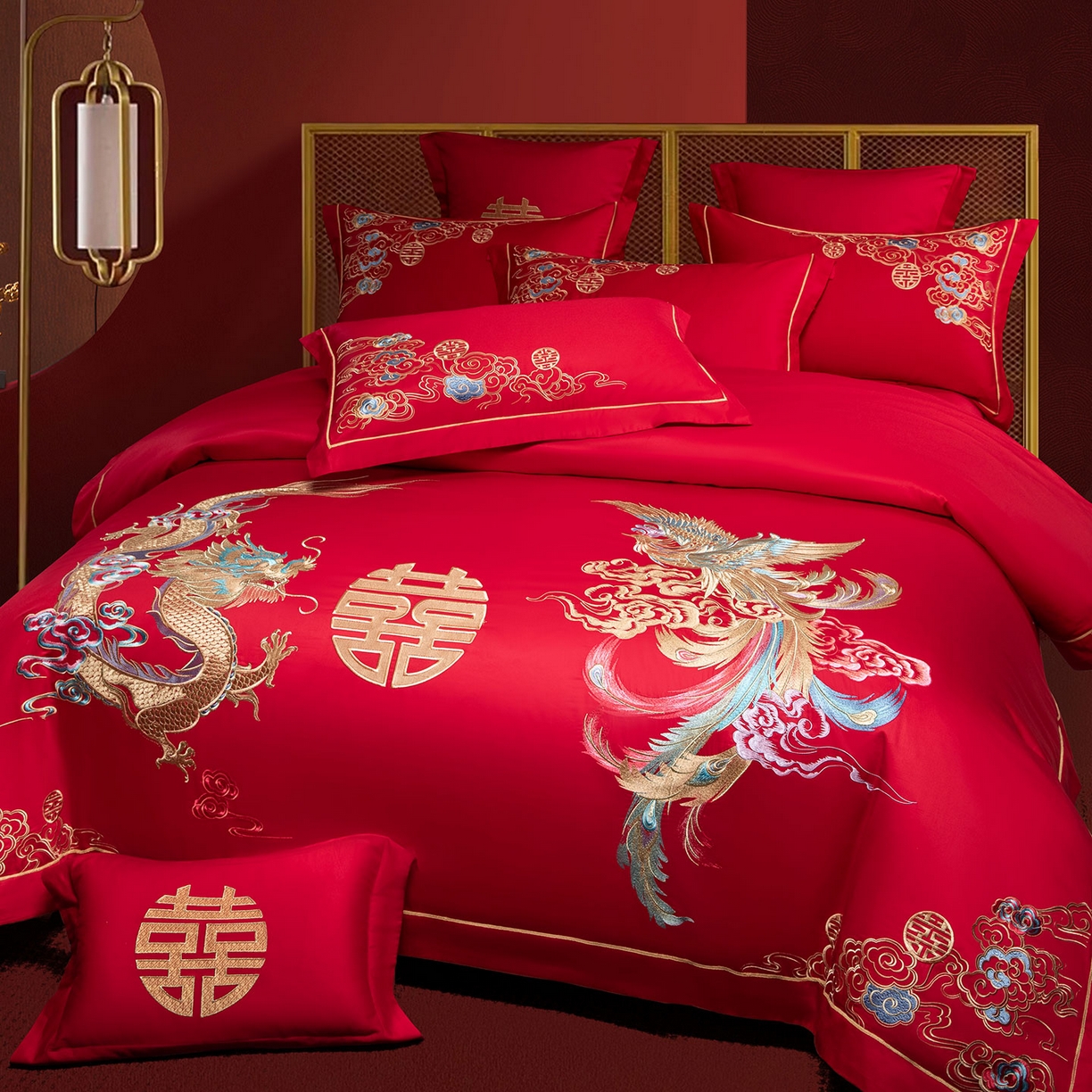 91家纺网 家纺一手货源 找家纺 欧乐蒂 2025新款中式高端刺绣婚庆四件套 龙凤缠绵