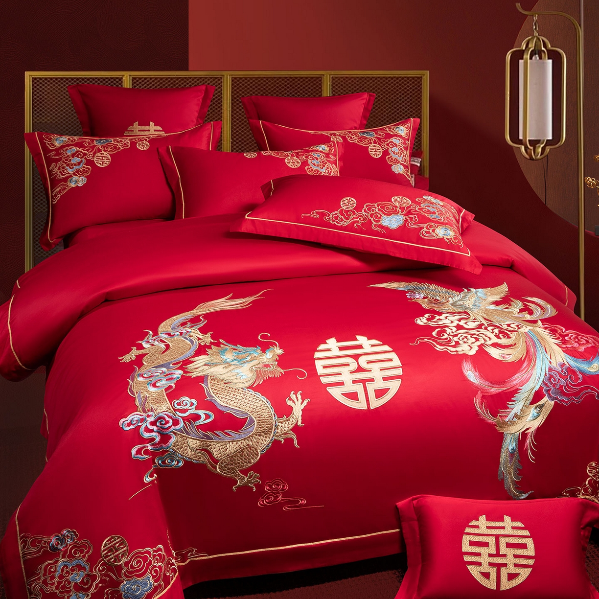 91家纺网 家纺一手货源 找家纺 欧乐蒂 2025新款中式高端刺绣婚庆四件套 龙凤缠绵