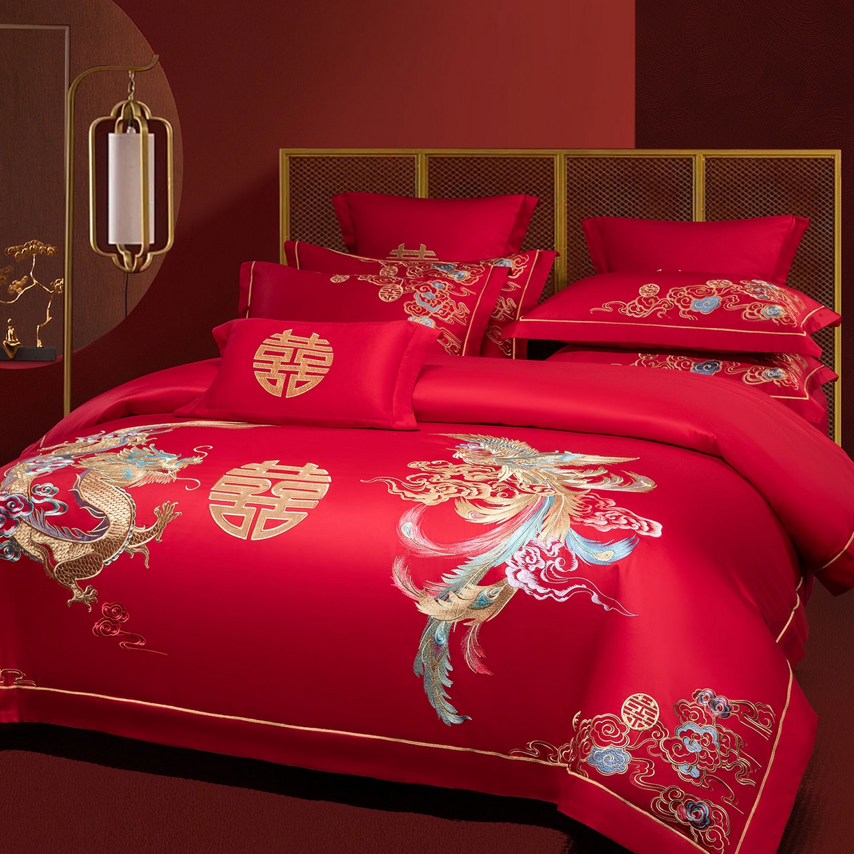 91家纺网 家纺一手货源 找家纺 欧乐蒂 2025新款中式高端刺绣婚庆四件套 龙凤缠绵