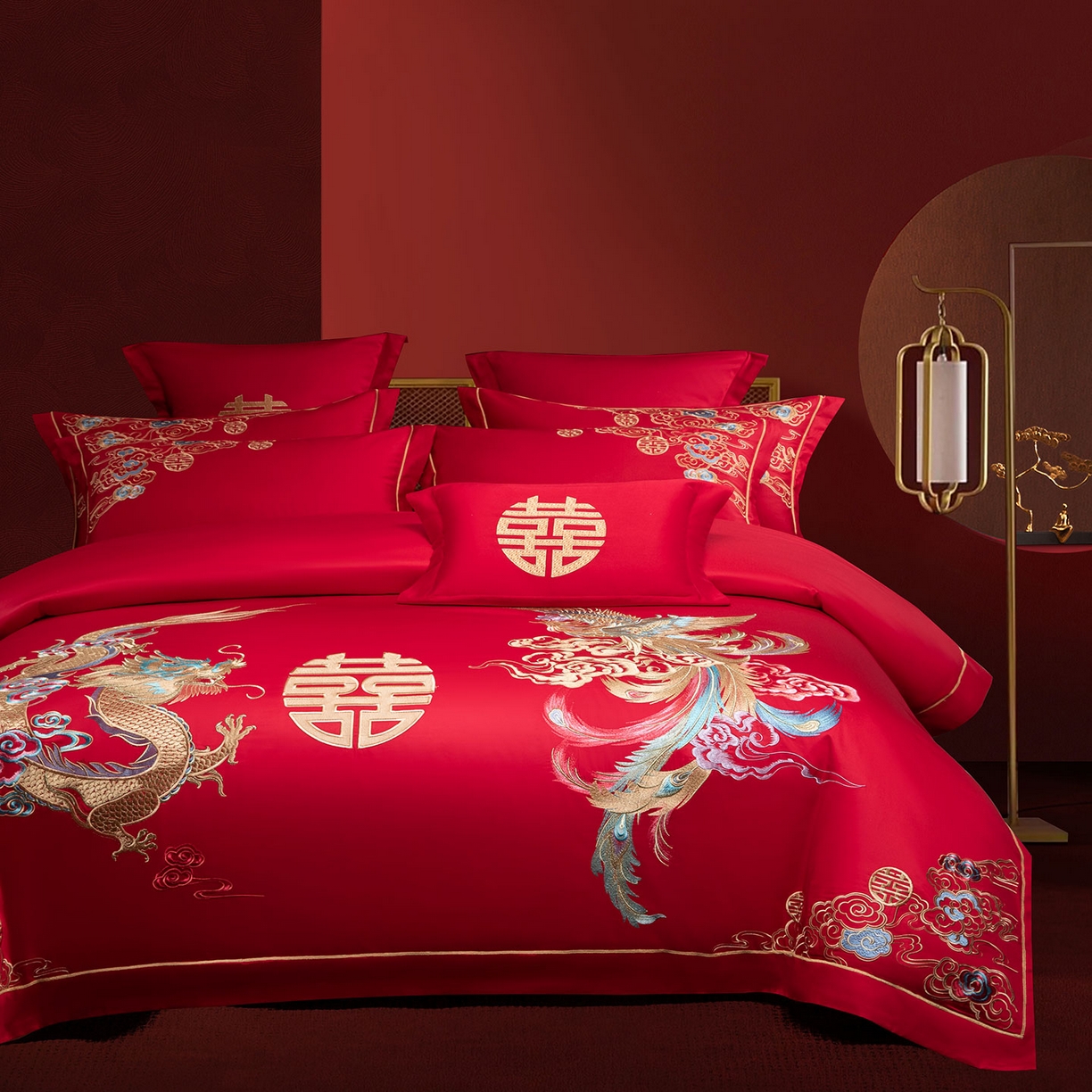 91家纺网 家纺一手货源 找家纺 欧乐蒂 2025新款中式高端刺绣婚庆四件套 龙凤缠绵