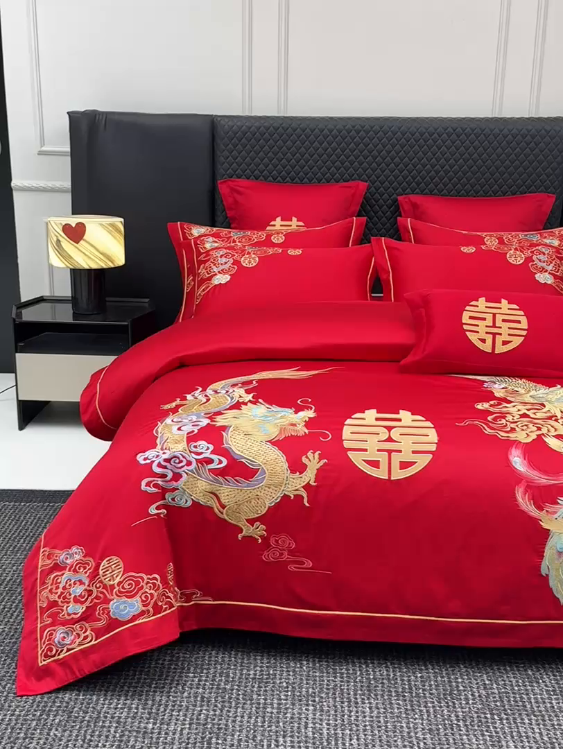 91家纺网 家纺一手货源 找家纺 欧乐蒂 2025新款中式高端刺绣婚庆四件套 龙凤缠绵