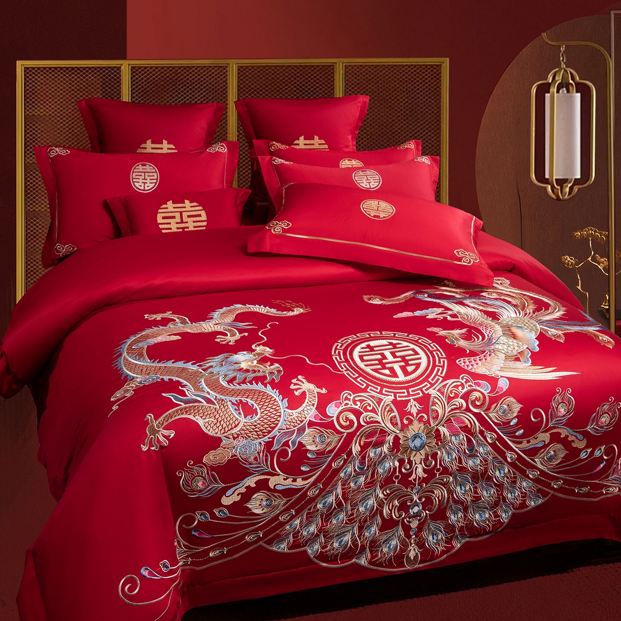 91家纺网 家纺一手货源 找家纺 欧乐蒂 2025新款中式高端刺绣婚庆四件套 龙凤富贵