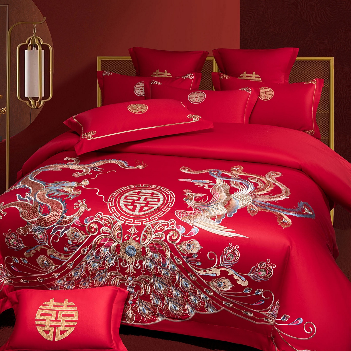 91家纺网 家纺一手货源 找家纺 欧乐蒂 2025新款中式高端刺绣婚庆四件套 龙凤富贵