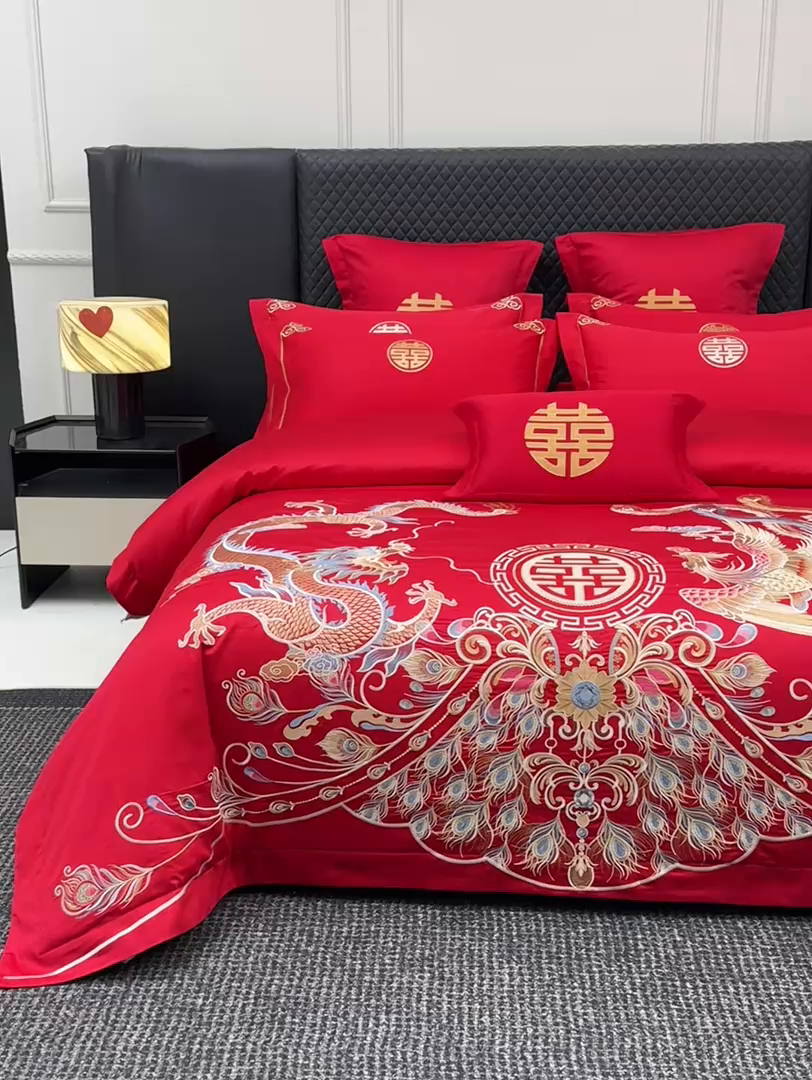 91家纺网 家纺一手货源 找家纺 欧乐蒂 2025新款中式高端刺绣婚庆四件套 龙凤富贵