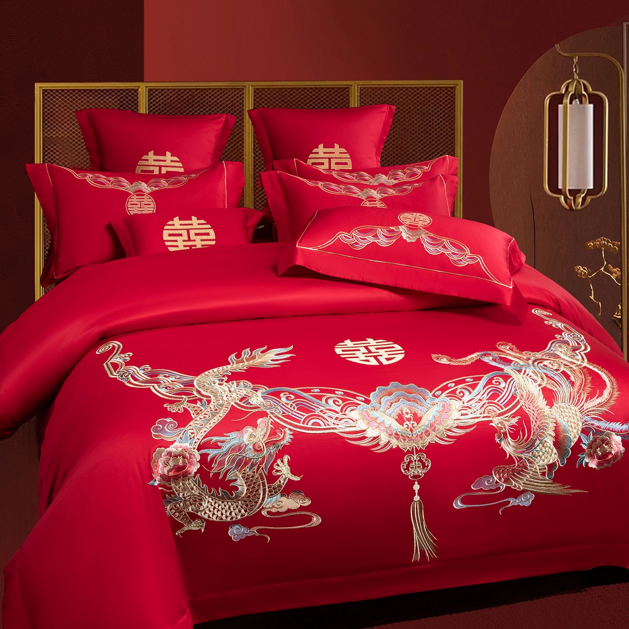 91家纺网 家纺一手货源 找家纺 欧乐蒂 2025新款中式高端刺绣婚庆四件套 龙凤和明