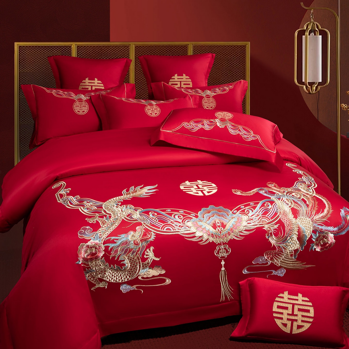 91家纺网 家纺一手货源 找家纺 欧乐蒂 2025新款中式高端刺绣婚庆四件套 龙凤和明