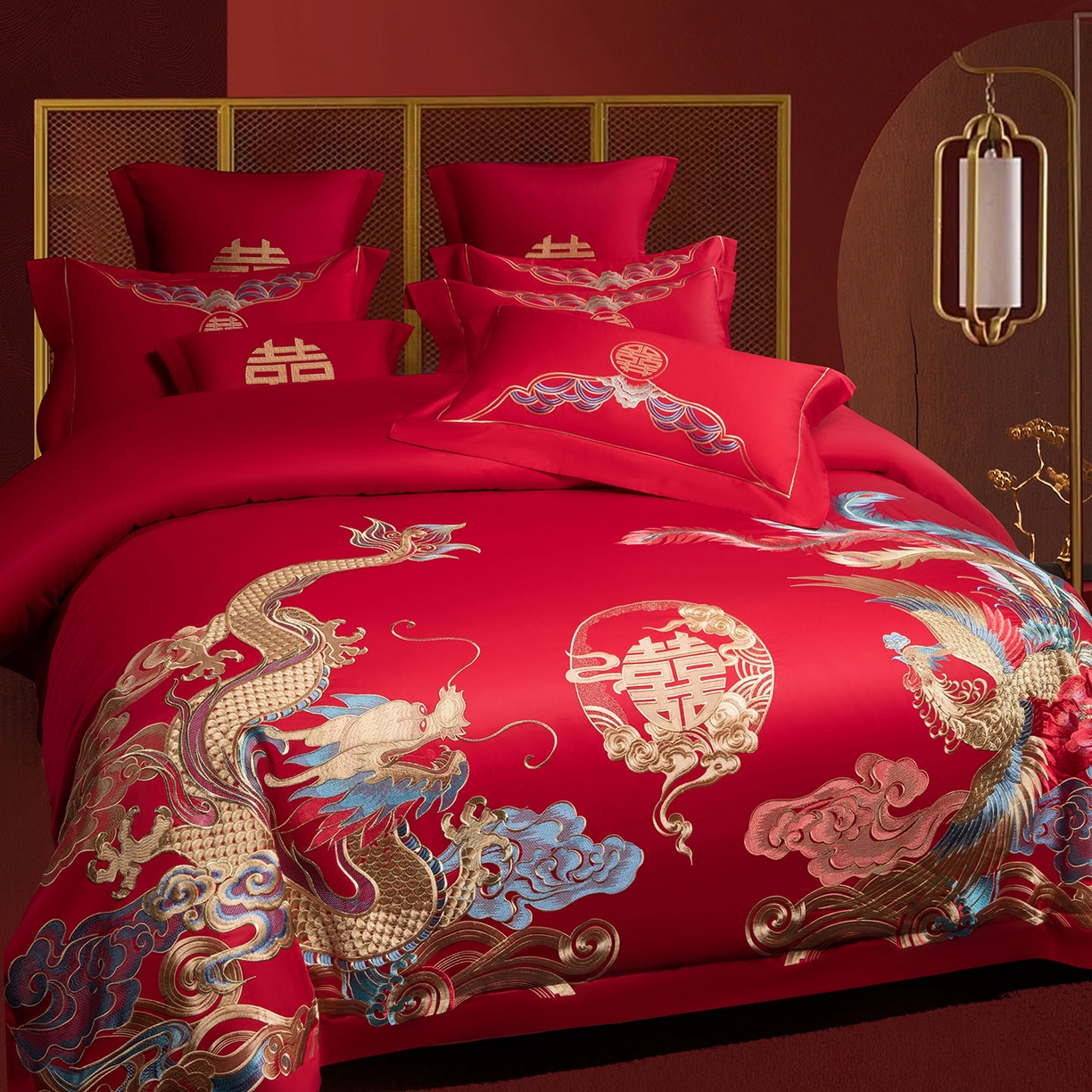 91家纺网 家纺一手货源 找家纺 欧乐蒂 2025新款中式高端刺绣婚庆四件套 龙凤良缘