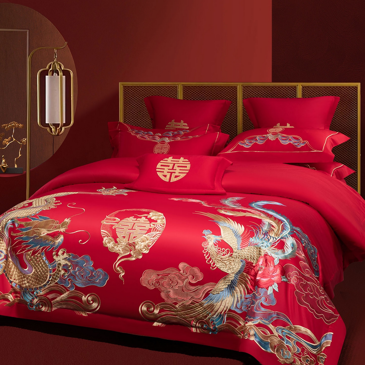 91家纺网 家纺一手货源 找家纺 欧乐蒂 2025新款中式高端刺绣婚庆四件套 龙凤良缘