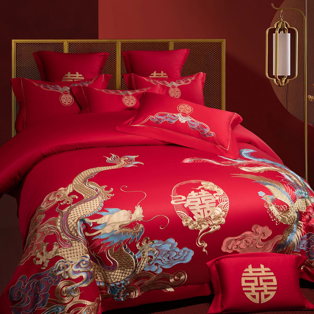 91家纺网 家纺一手货源 找家纺 欧乐蒂 2025新款中式高端刺绣婚庆四件套 龙凤良缘