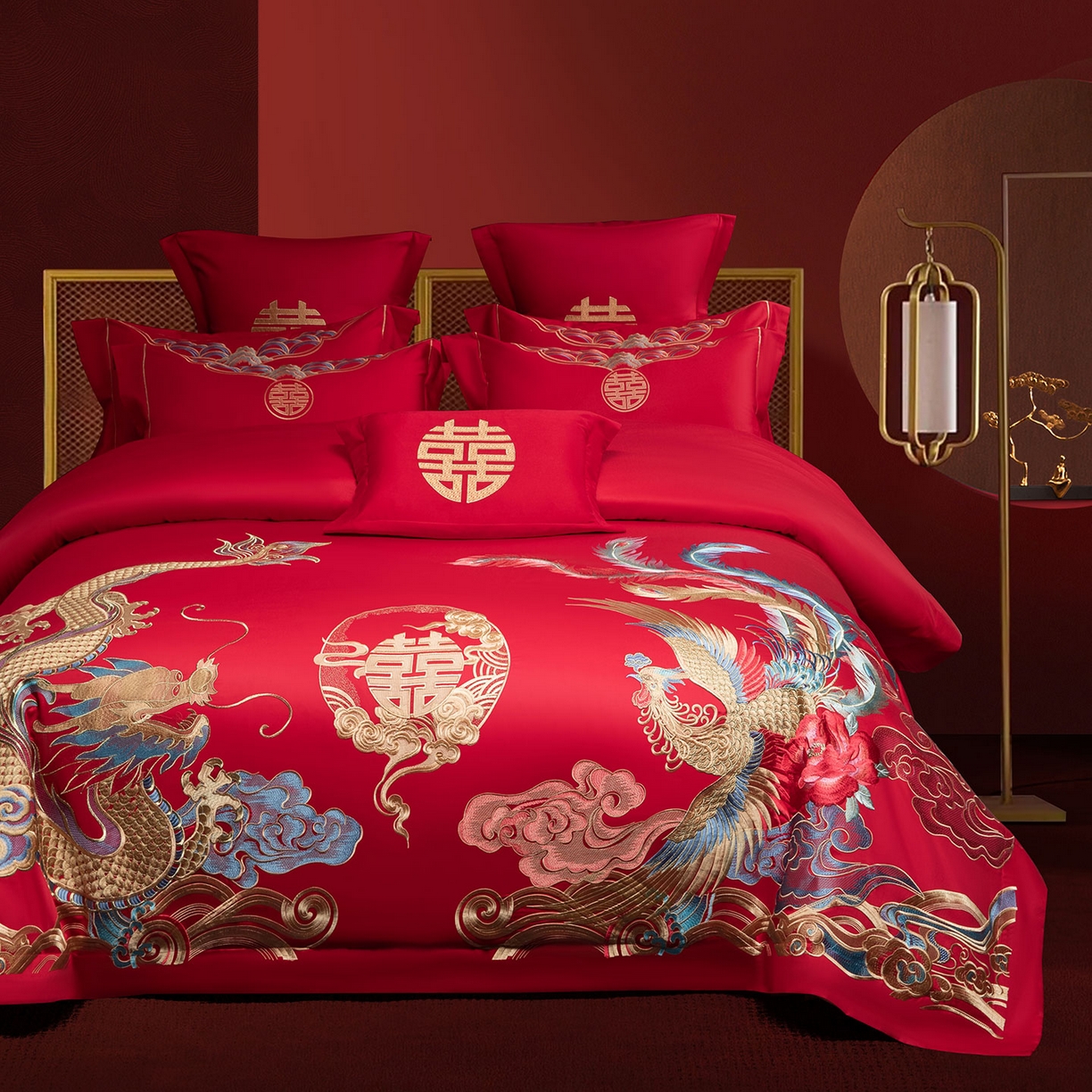 91家纺网 家纺一手货源 找家纺 欧乐蒂 2025新款中式高端刺绣婚庆四件套 龙凤良缘