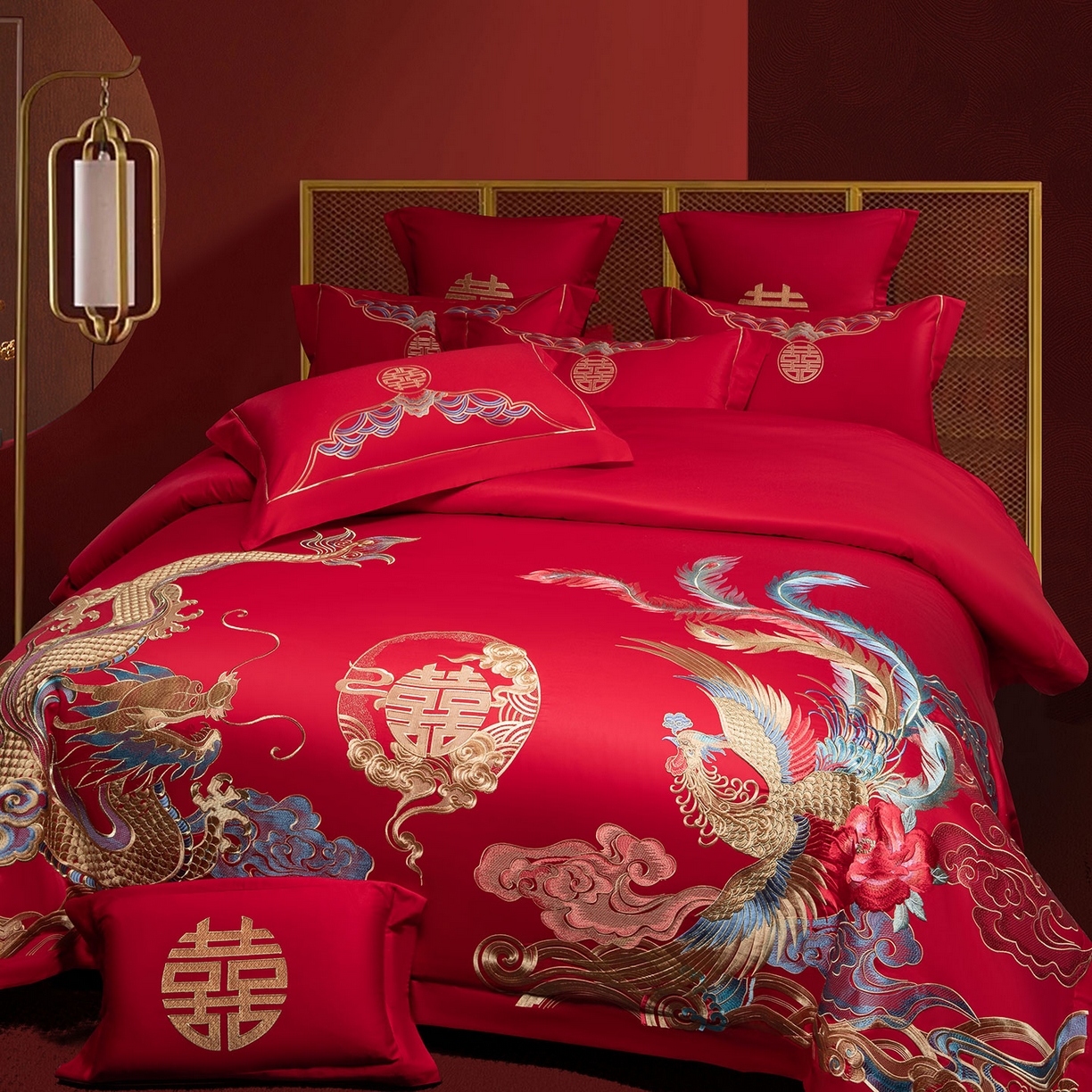 91家纺网 家纺一手货源 找家纺 欧乐蒂 2025新款中式高端刺绣婚庆四件套 龙凤良缘