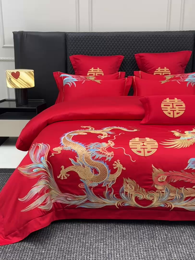 91家纺网 家纺一手货源 找家纺 欧乐蒂 2025新款中式高端刺绣婚庆四件套 龙凤良缘