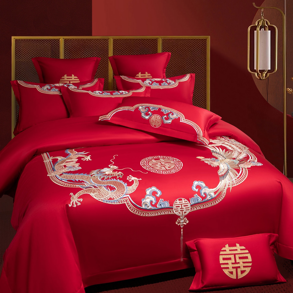 91家纺网 家纺一手货源 找家纺 欧乐蒂 2025新款中式高端刺绣婚庆四件套 龙凤喜事