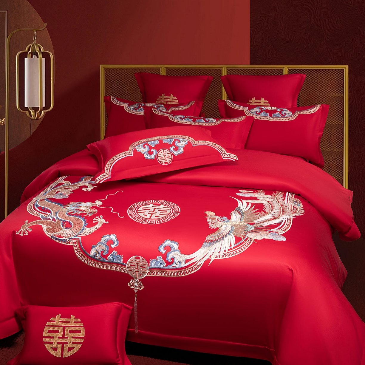 91家纺网 家纺一手货源 找家纺 欧乐蒂 2025新款中式高端刺绣婚庆四件套 龙凤喜事