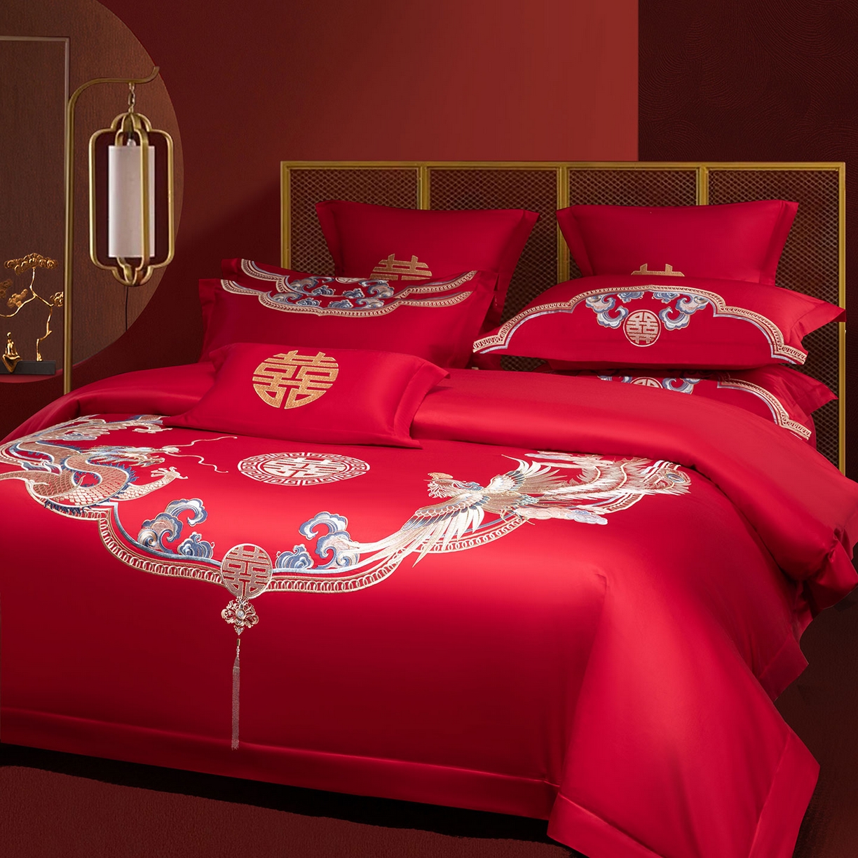 91家纺网 家纺一手货源 找家纺 欧乐蒂 2025新款中式高端刺绣婚庆四件套 龙凤喜事