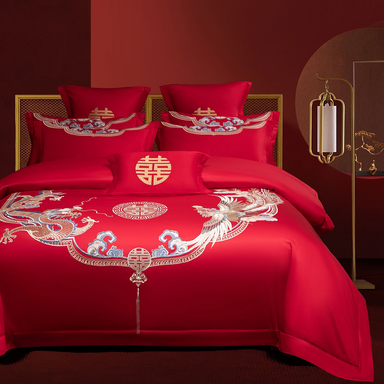 91家纺网 家纺一手货源 找家纺 欧乐蒂 2025新款中式高端刺绣婚庆四件套 龙凤喜事