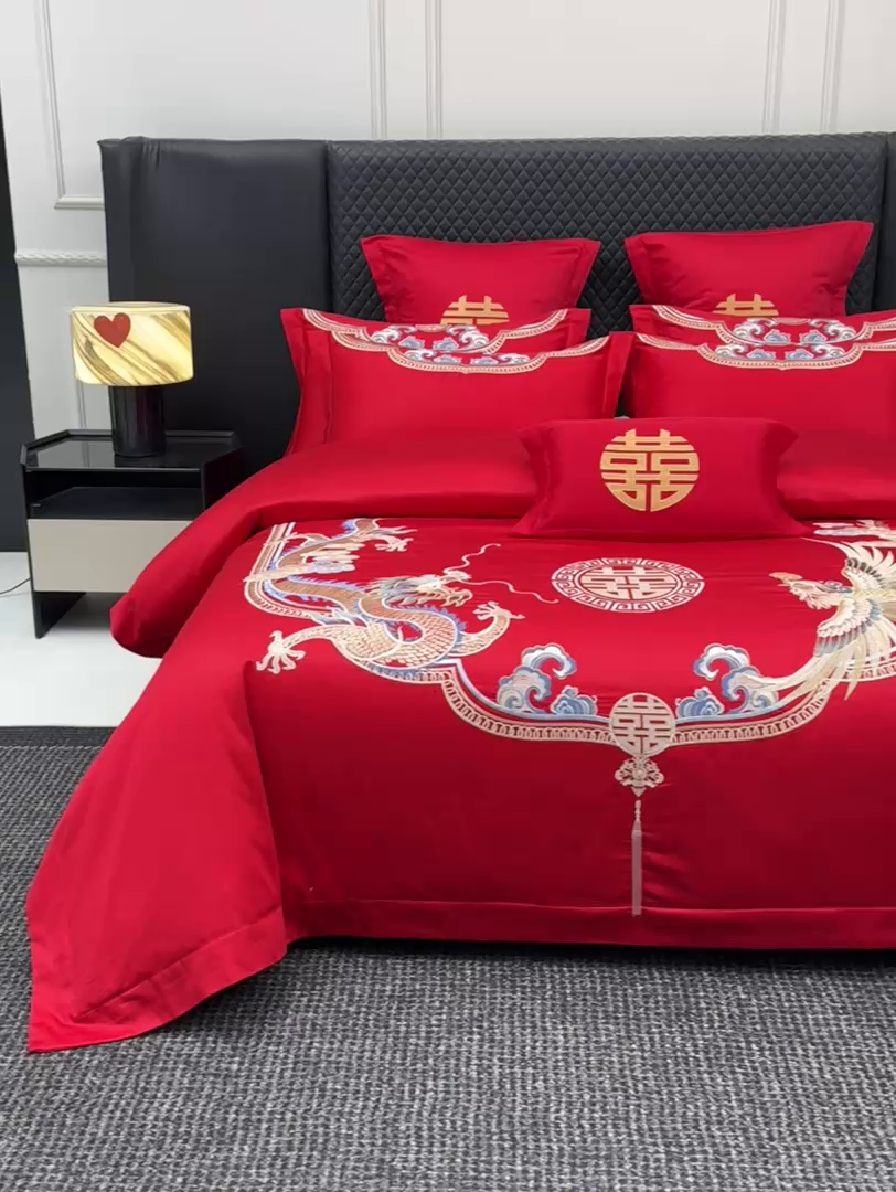 91家纺网 家纺一手货源 找家纺 欧乐蒂 2025新款中式高端刺绣婚庆四件套 龙凤喜事