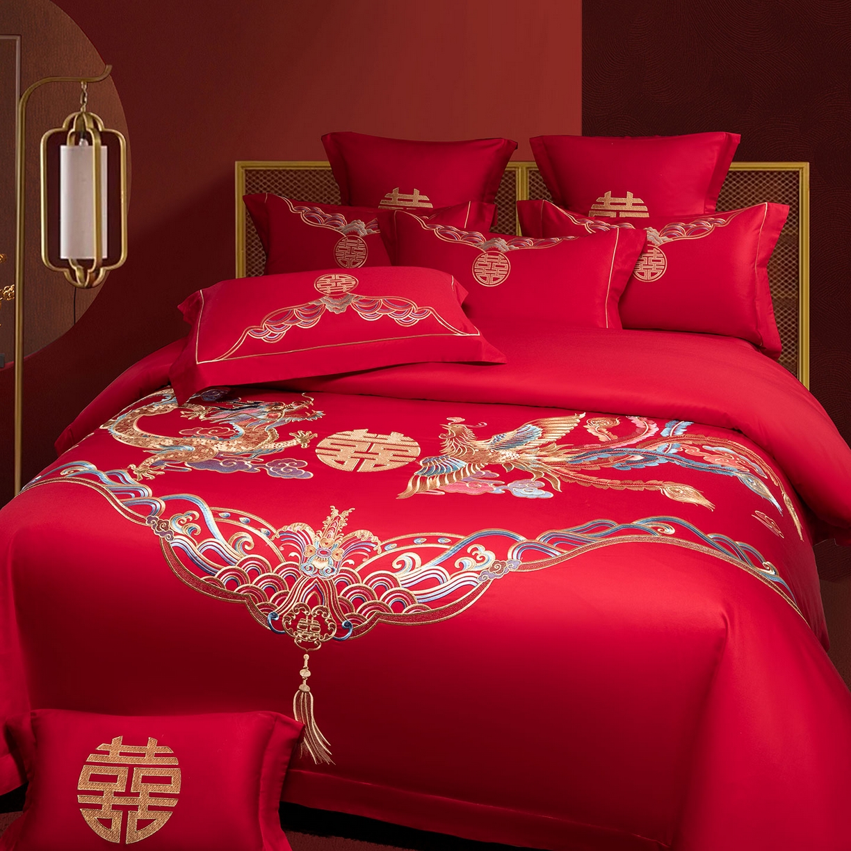 91家纺网 家纺一手货源 找家纺 欧乐蒂 2025新款中式高端刺绣婚庆四件套 龙凤祥瑞