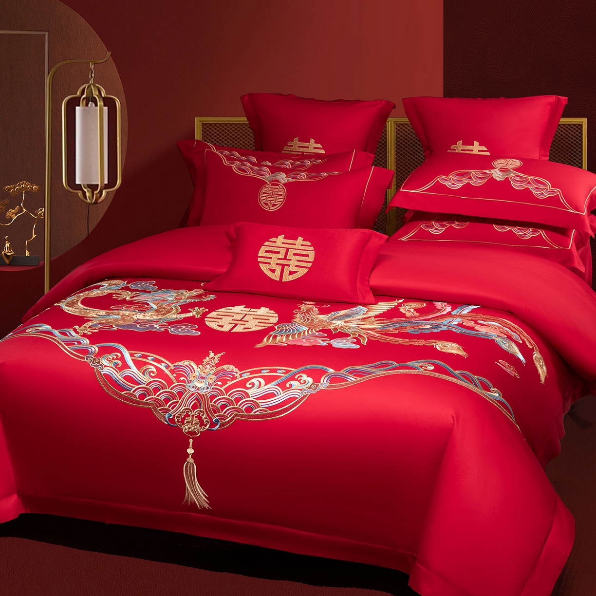 91家纺网 家纺一手货源 找家纺 欧乐蒂 2025新款中式高端刺绣婚庆四件套 龙凤祥瑞