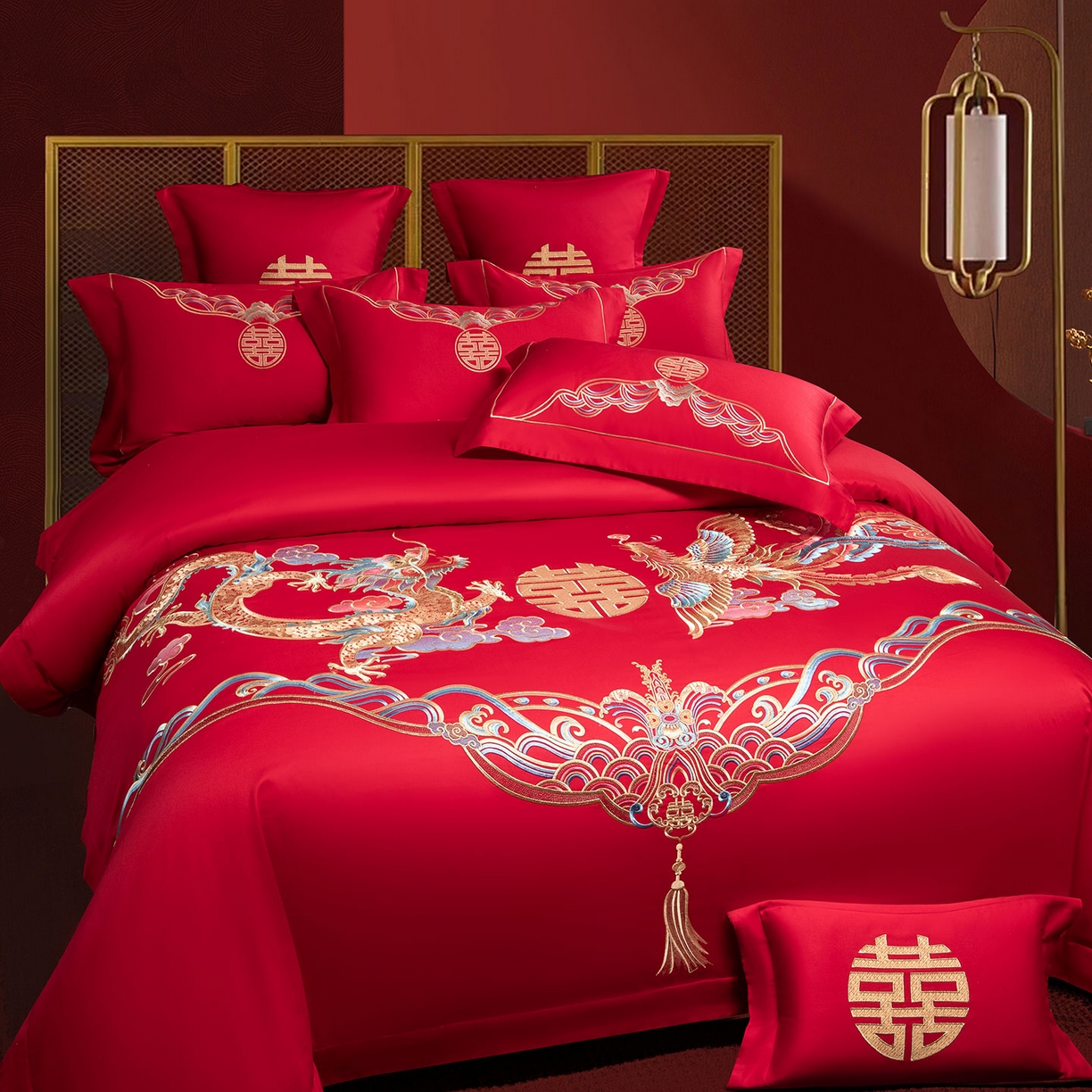 91家纺网 家纺一手货源 找家纺 欧乐蒂 2025新款中式高端刺绣婚庆四件套 龙凤祥瑞