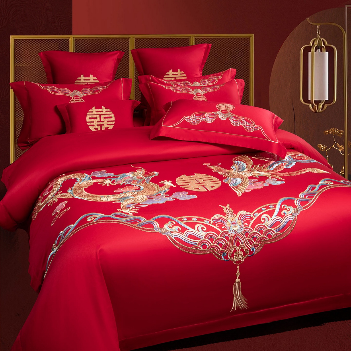 91家纺网 家纺一手货源 找家纺 欧乐蒂 2025新款中式高端刺绣婚庆四件套 龙凤祥瑞