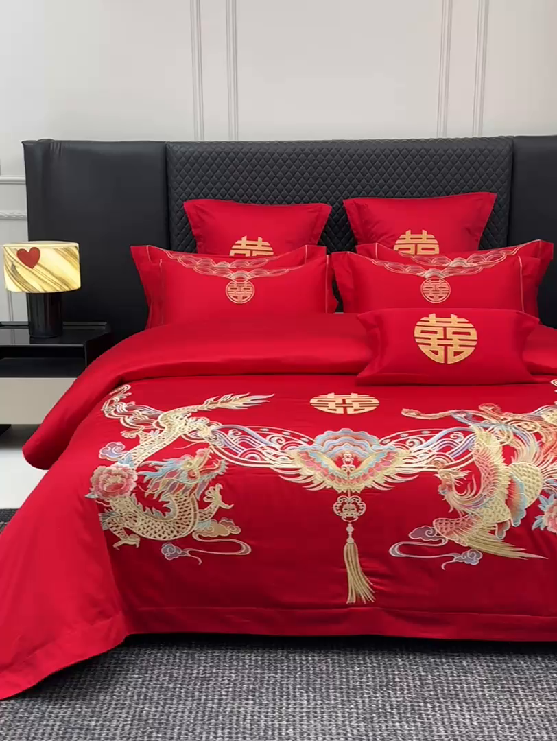 91家纺网 家纺一手货源 找家纺 欧乐蒂 2025新款中式高端刺绣婚庆四件套 龙凤和明