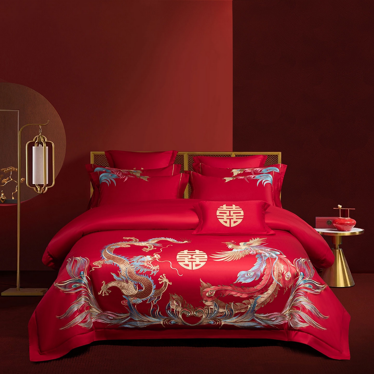 91家纺网 家纺一手货源 找家纺 欧乐蒂 2025新款中式高端刺绣婚庆四件套 龙凤至尊