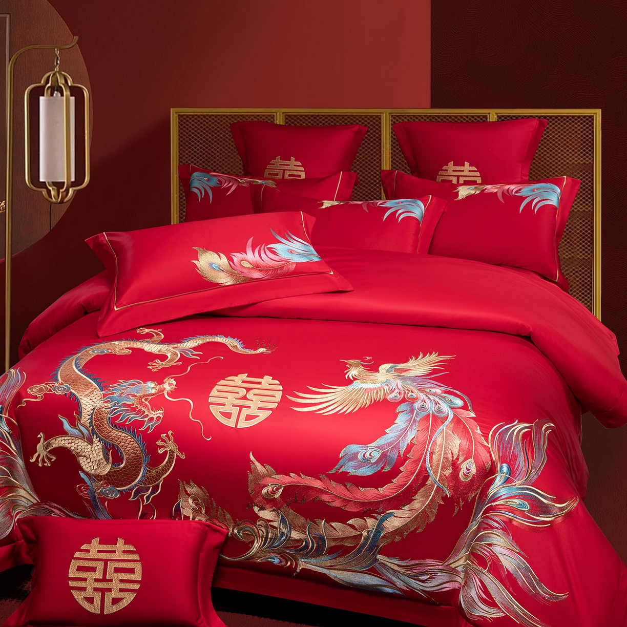 91家纺网 家纺一手货源 找家纺 欧乐蒂 2025新款中式高端刺绣婚庆四件套 龙凤至尊