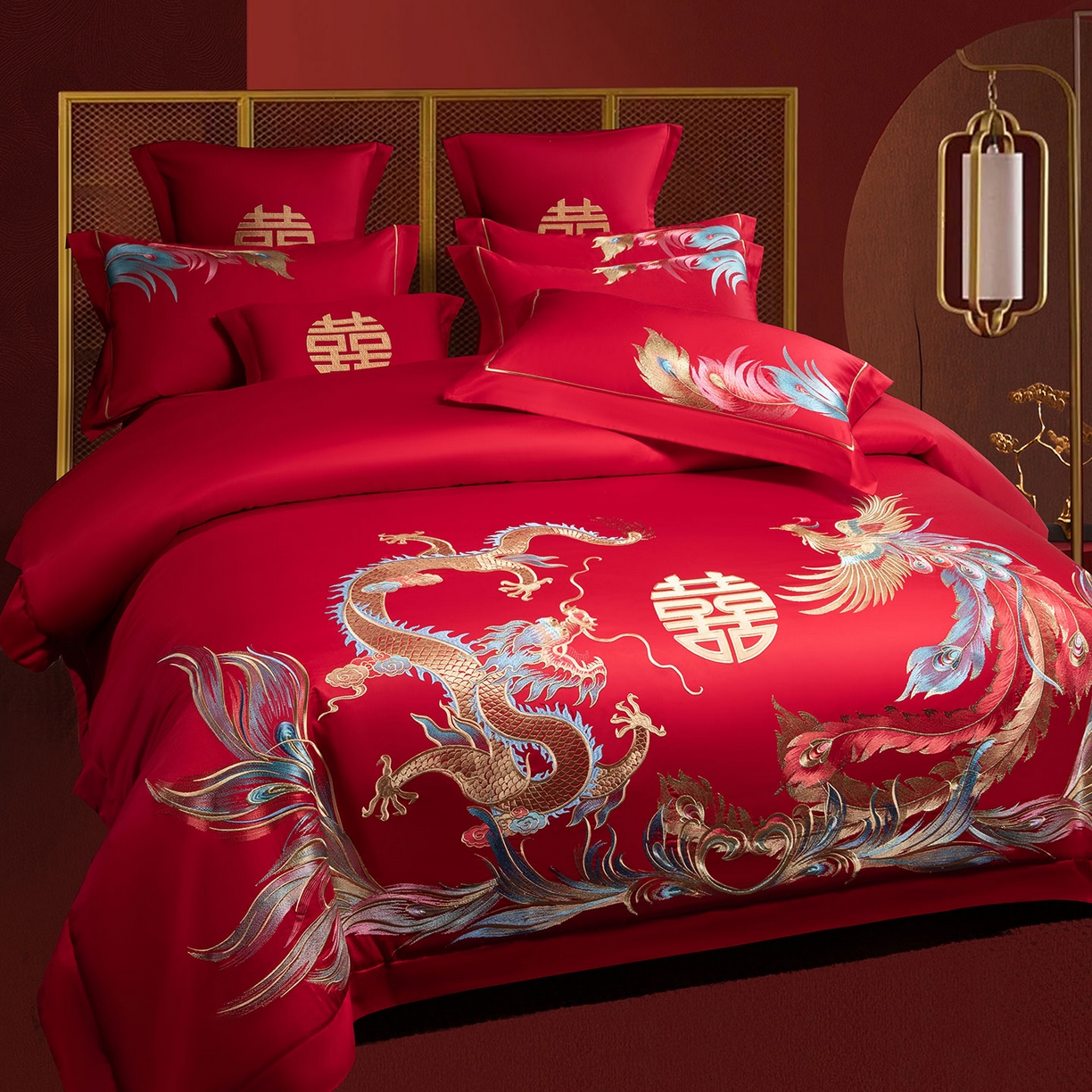 91家纺网 家纺一手货源 找家纺 欧乐蒂 2025新款中式高端刺绣婚庆四件套 龙凤至尊