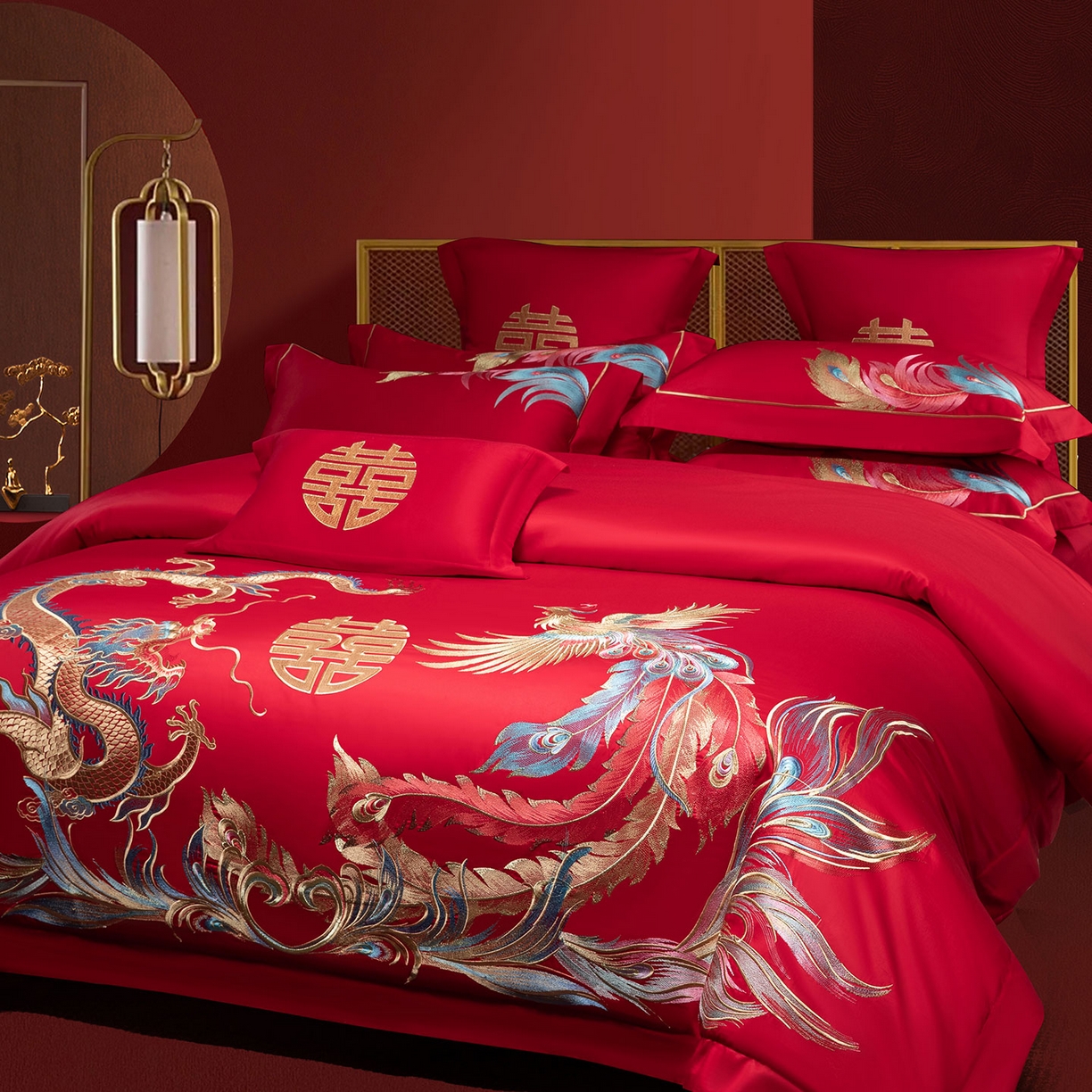 91家纺网 家纺一手货源 找家纺 欧乐蒂 2025新款中式高端刺绣婚庆四件套 龙凤至尊