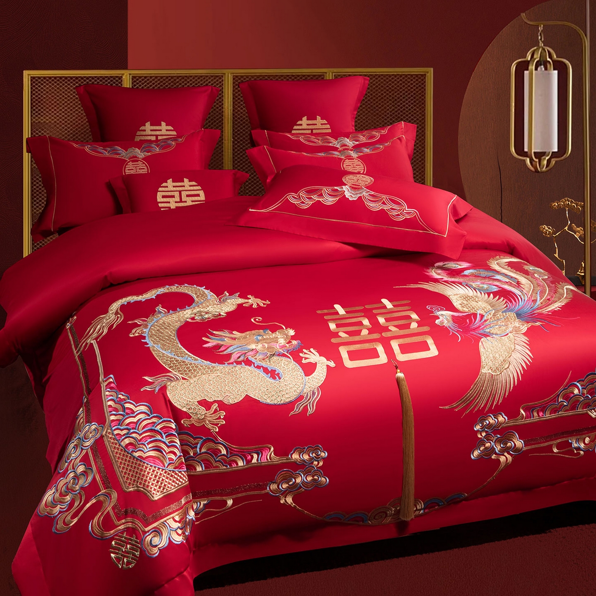 91家纺网 家纺一手货源 找家纺 欧乐蒂 2025新款中式高端刺绣婚庆四件套 龙腾凤跃