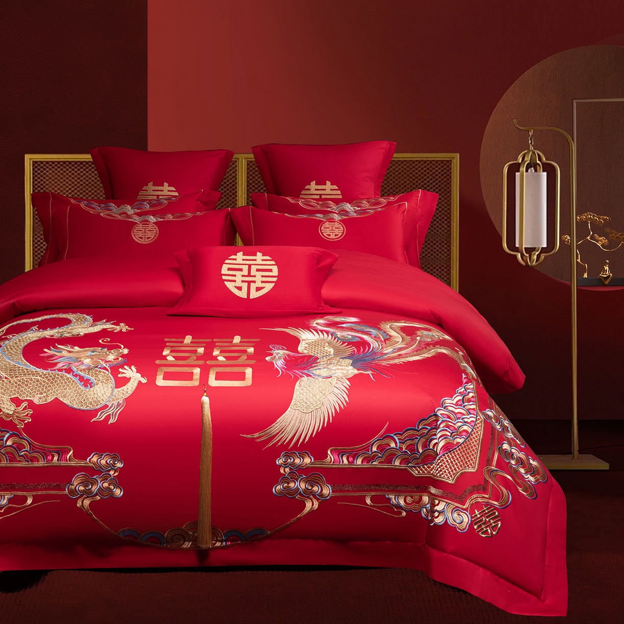 91家纺网 家纺一手货源 找家纺 欧乐蒂 2025新款中式高端刺绣婚庆四件套 龙腾凤跃